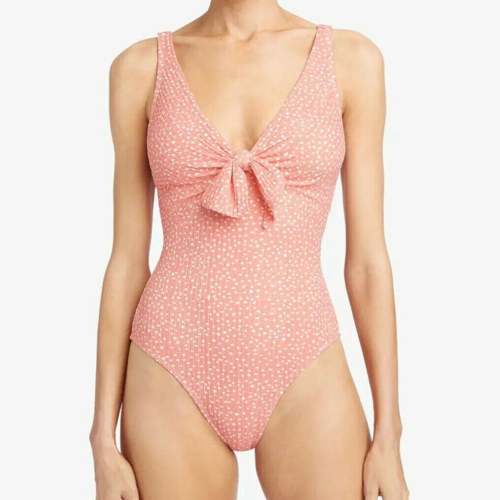 NWOT ROBIN PICCONE Ally Blush Front Tie One Piece - 8/M Pink Polka Dot